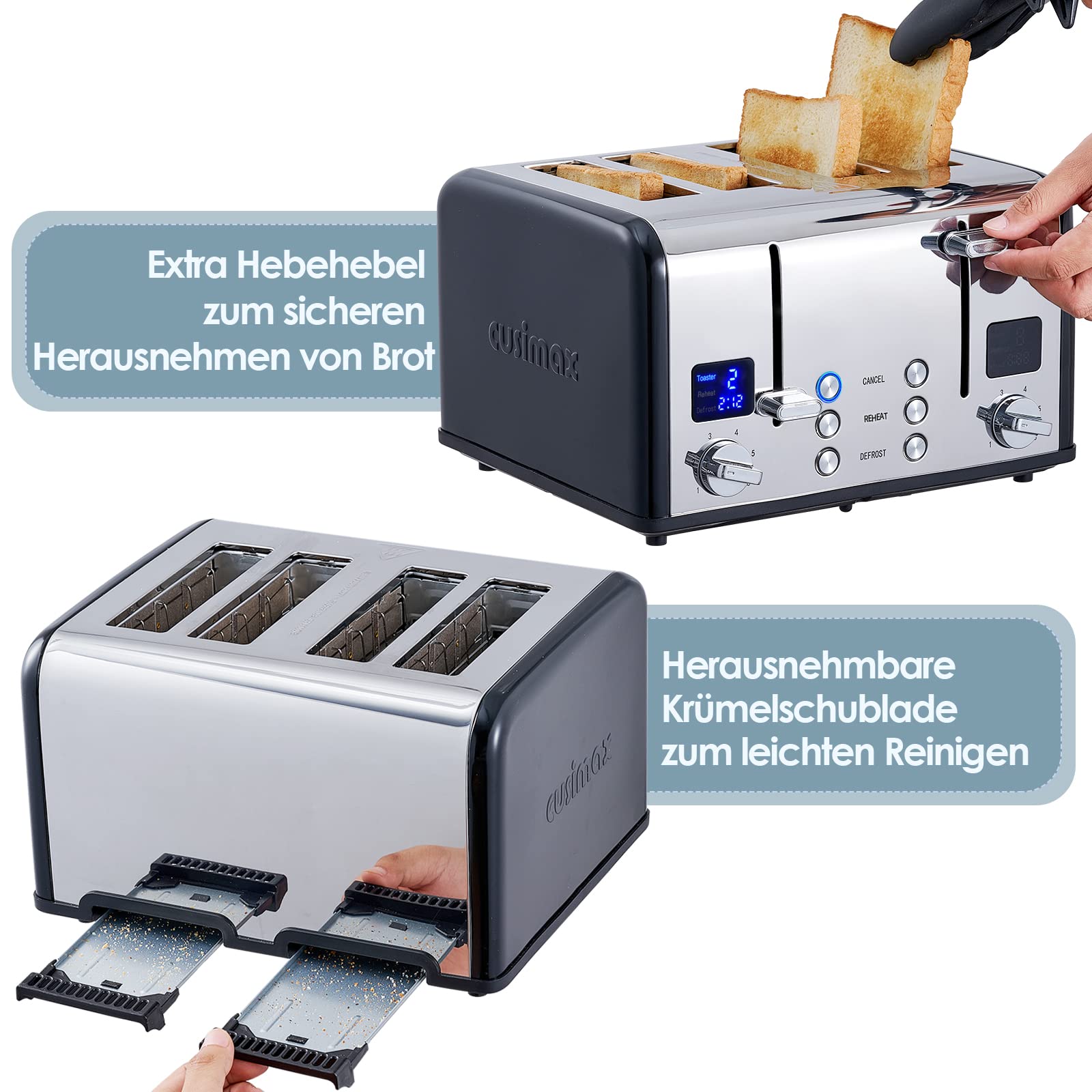 Toaster 4 Scheiben, CUSIMAX Edelstahl mit LED-Anzeige, 4 extra breite schlitze toaster schwarz, 2 individuelle Bedienfelder mit 6 Bräunungsstufen, Abbrechen, Aufwärmen & Auftauen Funktion 6