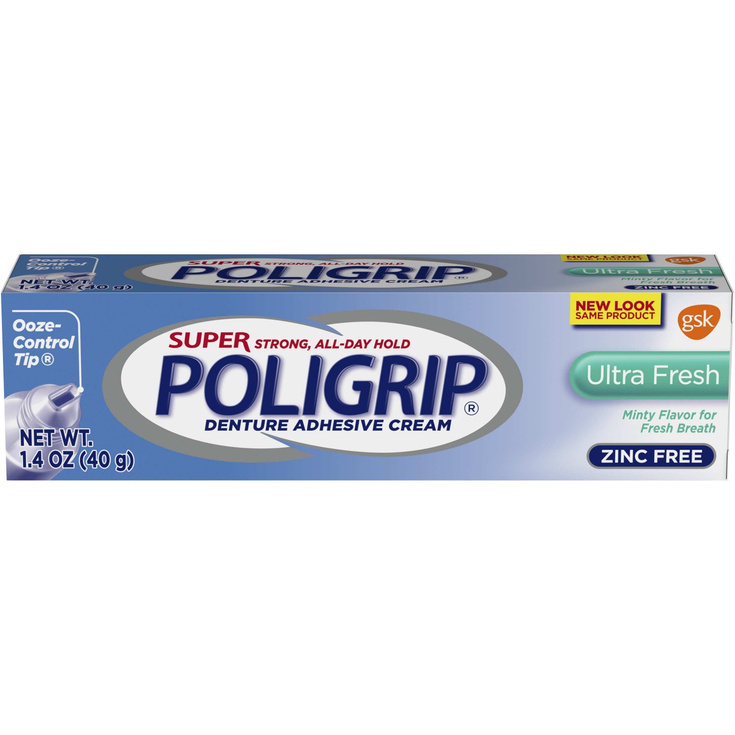 Super Poligrip Ultra Fresh Mint Flavor Zinc Free Denture Adhesive Cream, 1.4 ounce : Denture Adhesive Creams : Beauty