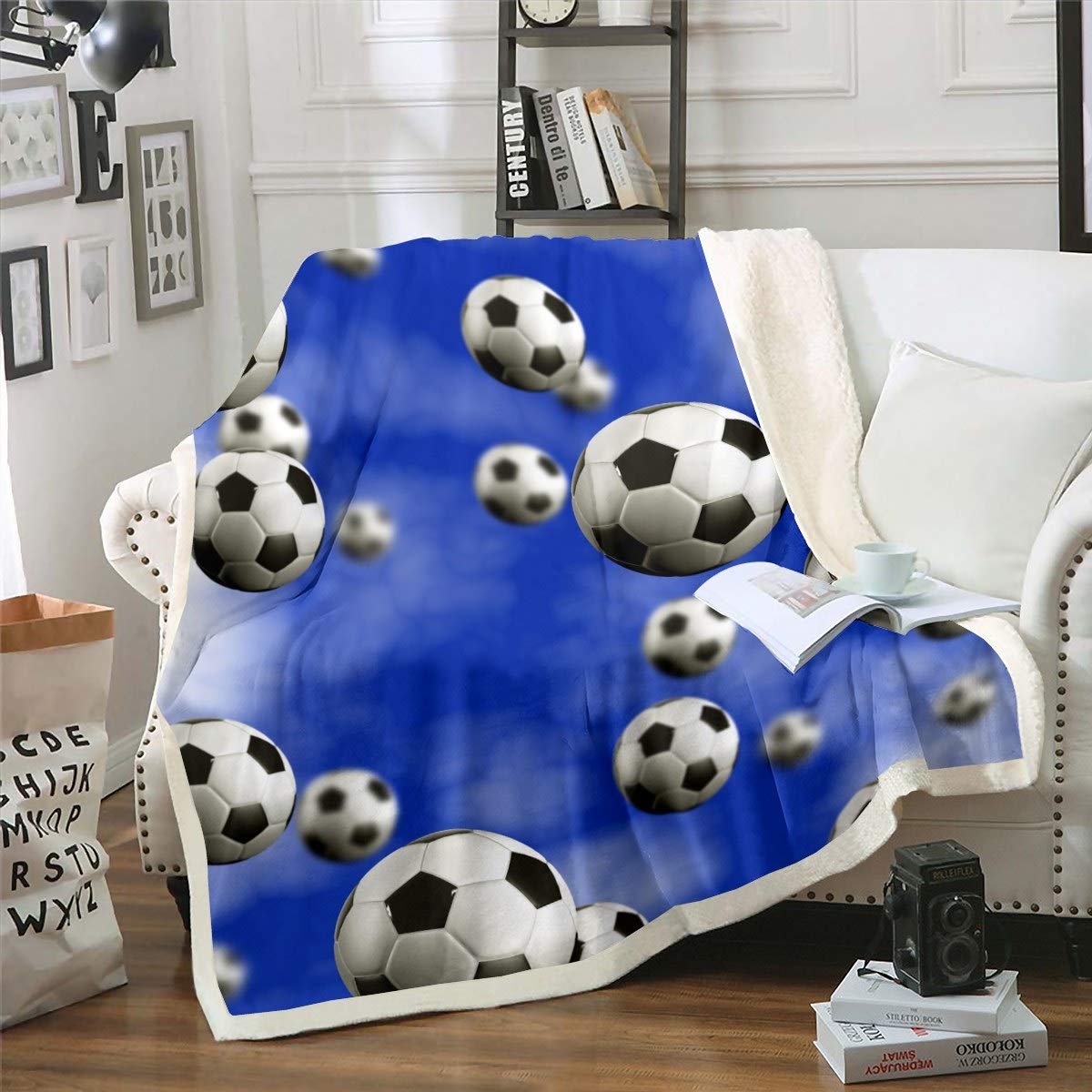 Loussiesd Boys Football Sherpa Throw Blanket Sports Fleece Blanket Black White Soccer Ball Pattern Warm Plush Blanket for Sofa Couch Microfiber Blue Competitive Games Fuzzy Blanket Double 60"x79"