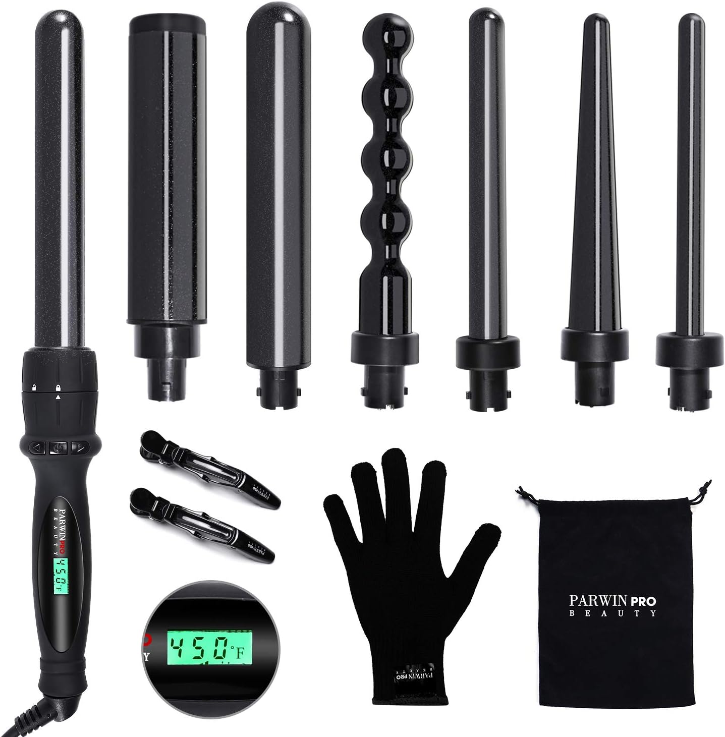 PARWIN 7 in 1 Professional Curling Iron Wand Set with Interchangeable Ceramic Barrels Hair Curler for All Hair with Heat Protective Glove and Hair Clips, Heat Up Fast, Dual Voltage