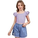 OYOANGLE Girl's Casual Solid Ruffle Trim Cap Sleeve Square Neck Cute Crop Tank Tops T-Shirts