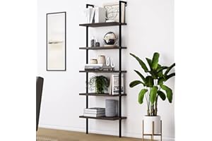Nathan James Theo 5-Shelf Wood Modern Bookcase, Open Wall Mount Ladder Bookshelf with Industrial Metal Frame, Dark Brown Nutmeg/Black