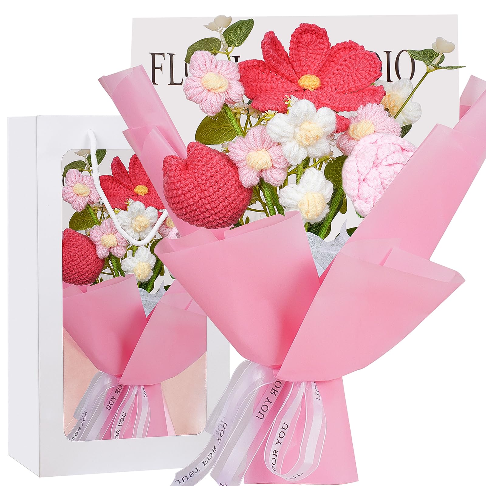 janeunique Handmade Pink Crochet Flower Bouquet, Knitted Artificial Flowers for Spring Home Decor & Easter Table Centrepiece, Allergy-Free Everlasting Gifts for Women, Mum, Birthday