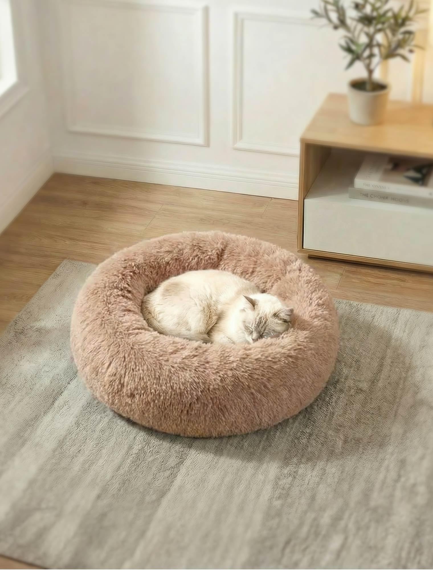 Moistu Small Dog Bed Donut Washable - 20cm Extra Thick Padded Base Plush Calming Bed Round Cat Cushion, Anti-Anxiety & Non-Slip Bottom - Soft Luxury Puppy Kennel Faux Fur Improved Sleep 50cm Diameter