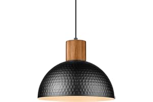 ELYONA 12" Hammered Metal Pendant Light, Rubber Wood Dome Hanging Lamp, Modern Pendant Light Fixtures for Kitchen Island, Bar, Farmhouse Dining Room, Bedroom, Hallway - Black