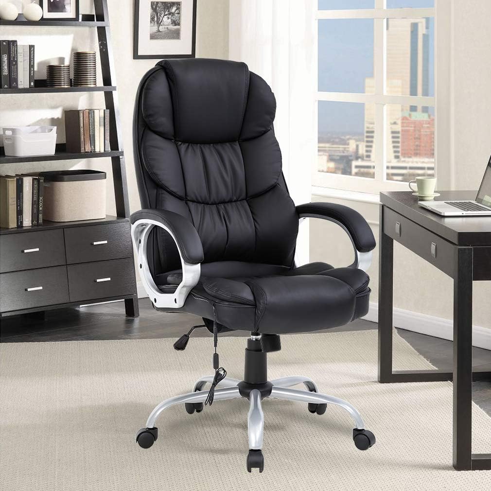Home Office Chair Massage Desk Chair Ergonomic Computer Chair with Lumbar Support Headrest Armrest High Back Task Chair Rolling Swivel PU Leather Executive Chair for Women Adults, Black: Furniture & Decor
