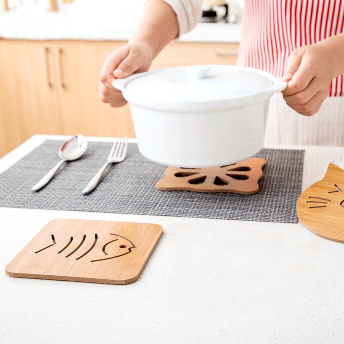 NKTM 6 Pack Bamboo Trivet Mat Set, Heavy Duty Hot Pot Holder Pads