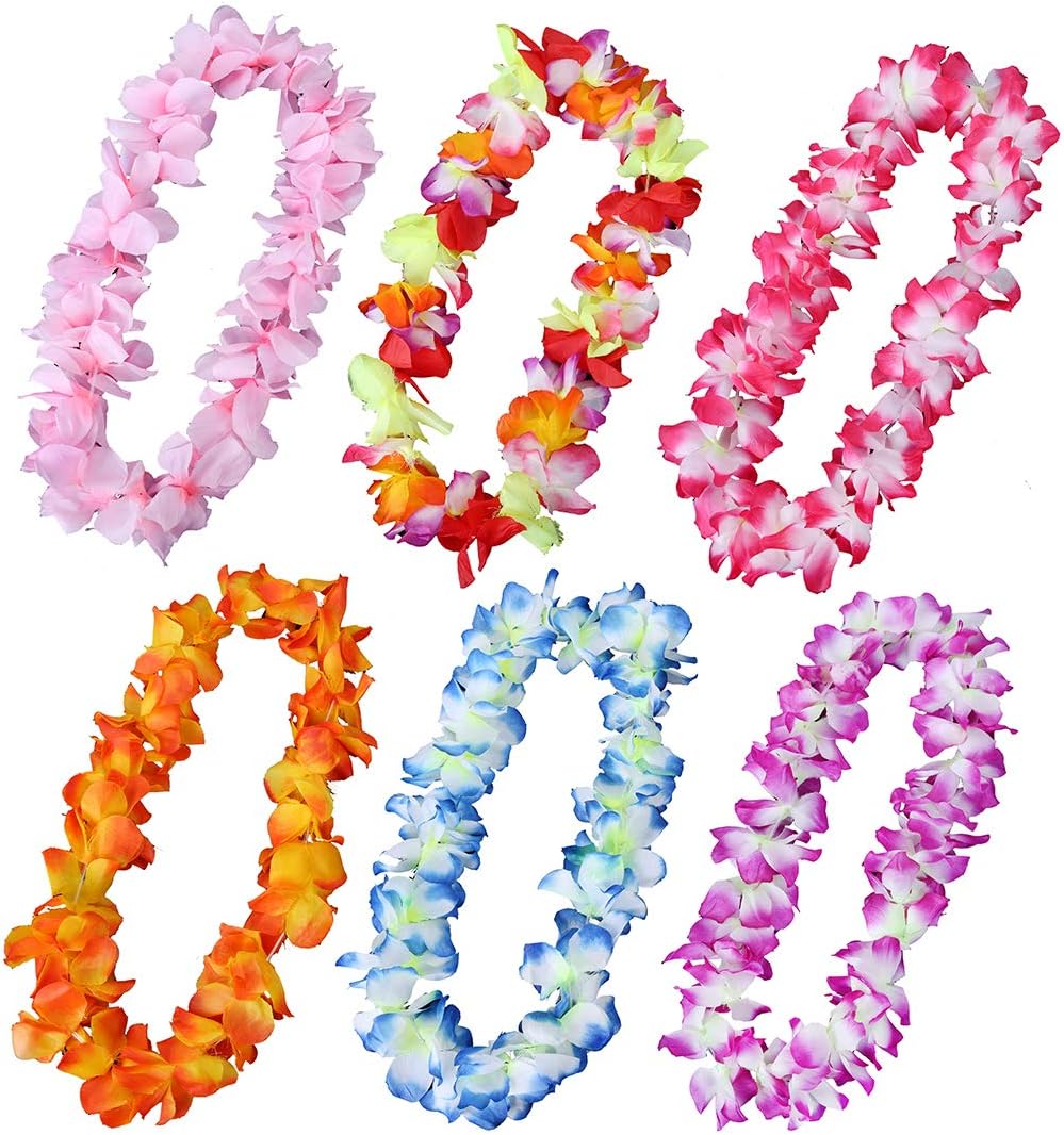JSSHI Pack of 6 Large Size Hawaiian Ruffled Simulated Silk Flower Hula Luau Party Leis Necklace Accessories for Holiday Wedding Birthday Decorations Party Costumes (Assorted Colors,Pack of 6)