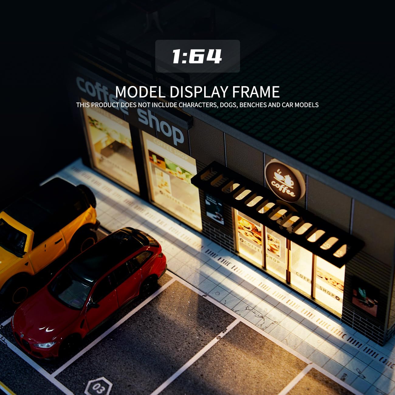 Cotymko 1/64 Diorama Garage, Model car Garage and Display case, Coffee House Diorama Display Parking lot with LED Lights and 5 Outdoor Parking Spaces for Toy car Collectors