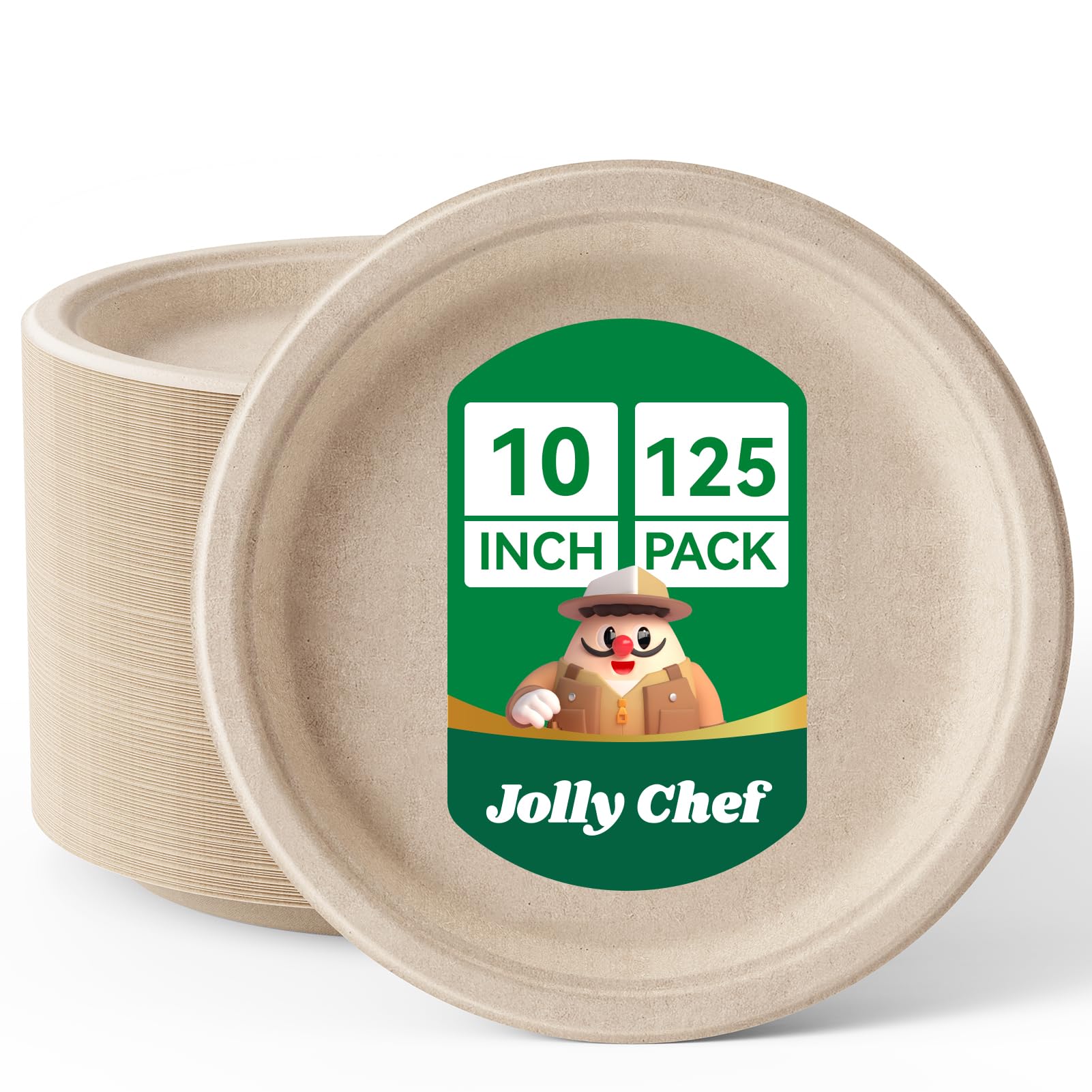 Photo 1 of JOLLY CHEF Compostable Heavy Duty Plates ?? ???? [??? ????] Eco-Friendly Disposable Paper Plates Made of Bagasse Biodegradable Bulk for Party Dinner Sugarcane Fibers Round (Natural)