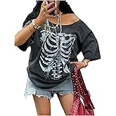 RoseSeek Women's Plus Size Off The Shoulder Tops Distressed Y2k Graphic Tees Retro Goth Clothes Streetwear