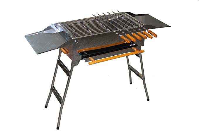 Familien Grill Mangal inkl. 14 Spieße aus Edelstahl mit klappbaren Füßen Schaschlik und BBQ Kohlegrill Säulengrill Standgrill