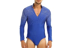 vastwit Men's Shiny Rhinestones Unitard Tops Ballroom Latin Salsa Rumba Dance Shirt Leotard Bodysuit