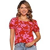 Allegra K Floral Blouse for Women's Square Neck Tops 2024 Summer Casual Puff Short Sleeve Blouse