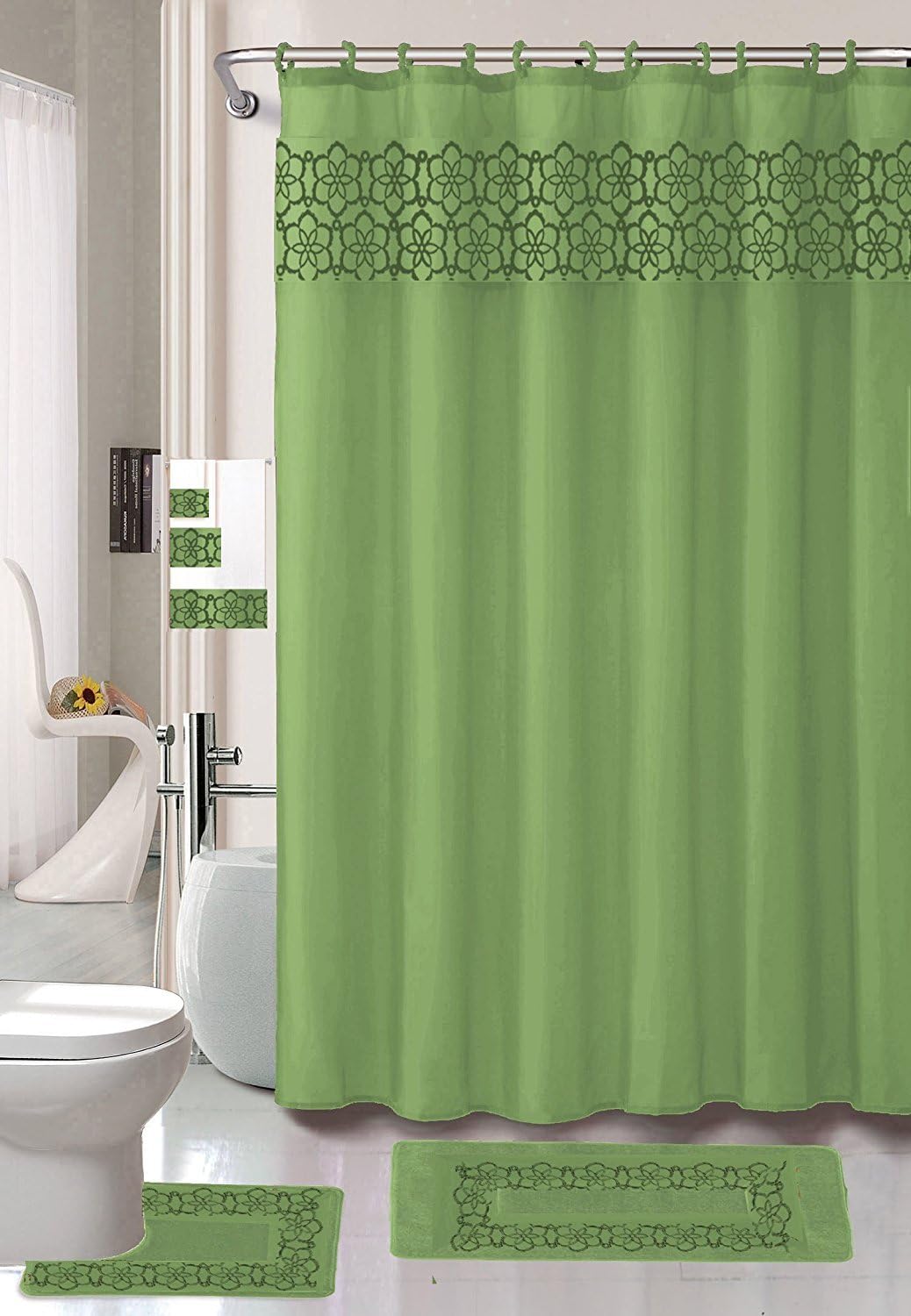 18 Piece Elegant Bathroom Set: 2-Rugs/Mats (1-Contour Rug, 1-Bath Mat) Poly Acrylic Pile Rubber Backing, 1-Fabric Shower Curtain, 12-Fabric Covered Rings, 3-Piece Decorative Towel Set (Sage Green)