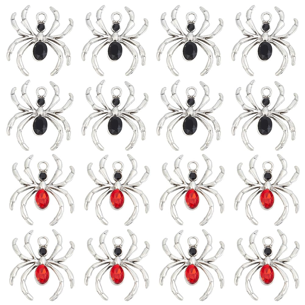 SUNNYCLUE 1 BOX 20PCS Spider Charms Halloween Large Black Red Rhinestone Cabochons Charms Silver Alloy Gothic Insect Spiders Animal Charm Bulk for Jewellery Making Charms Necklace Bracelets Diy Crafts