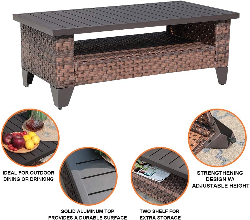 SUNSITT Outdoor Wicker Coffee Table with Waterproof Cover, Brown Synthetic Rattan Wicker Patio Table with Slat Top: Kitchen & Dining