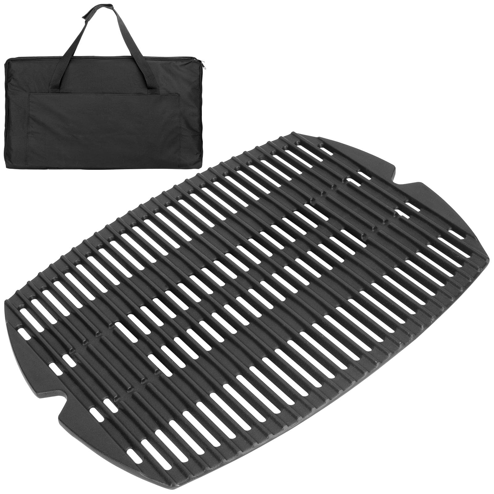 Photo 1 of BBQ-PLUS 7582 Cast Iron Cooking Grate for Weber Baby Q Series Parts Q1000 Grill Accessories Q100 Q120 Q1200 Sreies,Grill Grate Replacement for Weber 386001 386002,17 x 12.7 with Carry Bag