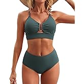 Charmo Push up Ribbed High Rise Bikini Sets Women Large Bust Longline Modest Bikini Swimsuits 2 Piece