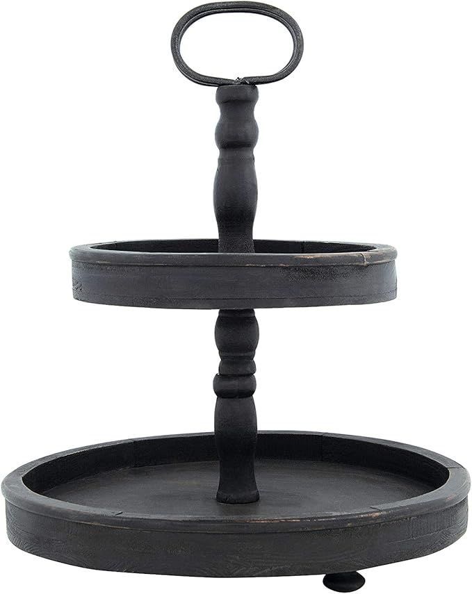 Creative CoOp Distressed Black Wood Metal Handle 2Tier Wooden Tray