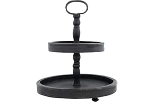 Creative Co-op EC0112 Distressed Wood 2-Tier Tray with Metal Handle, Black