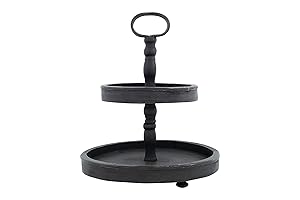 Creative Co-op Distressed Wood 2-Tier Tray with Metal Handle, Black