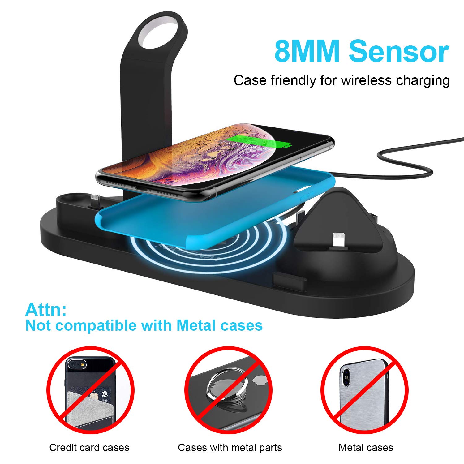 6 in 1 Wireless Charger Qi-Certified Wireless Charging Dock Compatible with Apple Watch 5 and Airpods Charging Station for iPhone 11 11 Pro X XS XR Xs Max 8 8 PlusSpace (2019 Upgrade Black)