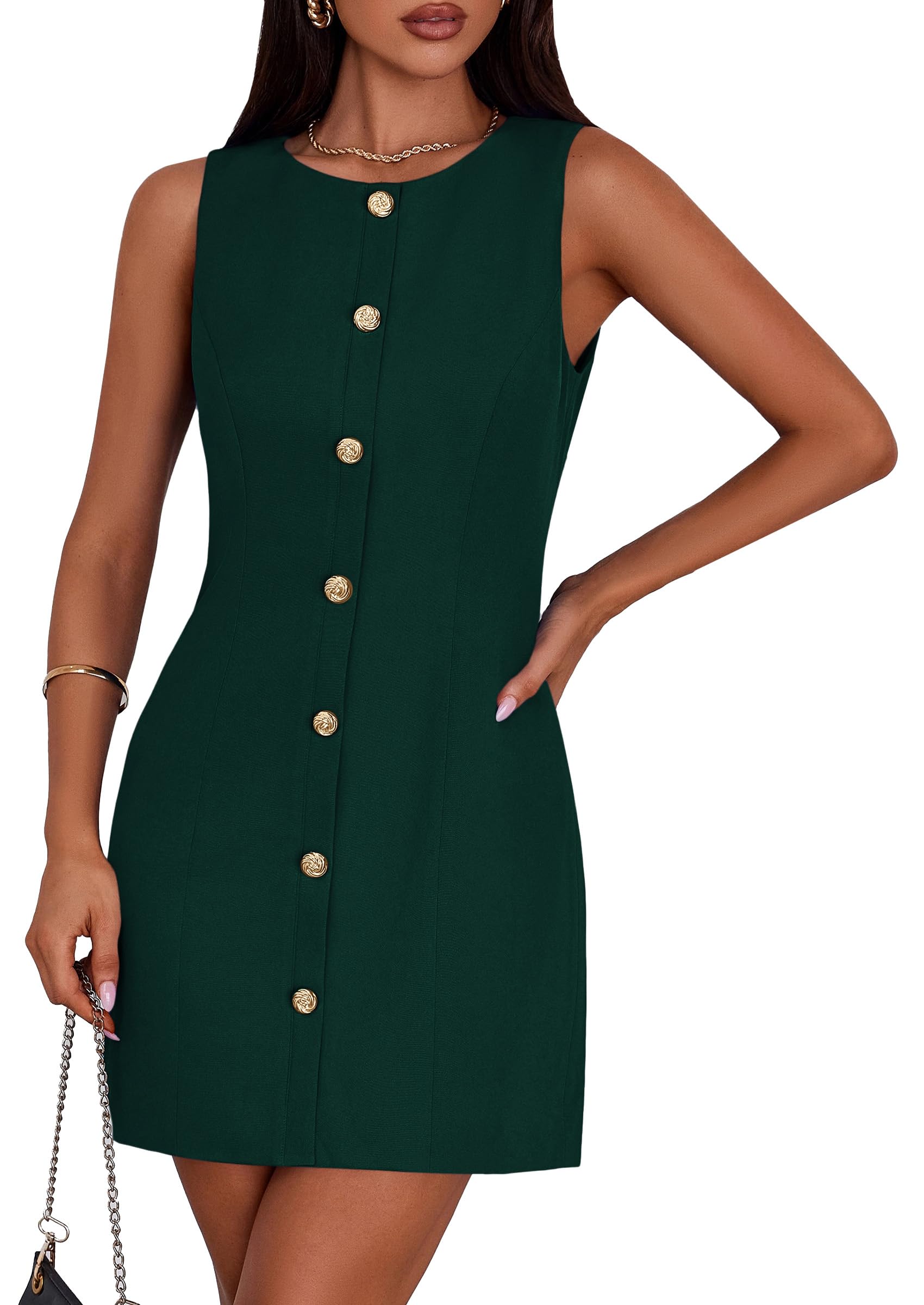 Photo 1 of PRETTYGARDEN Work Dresses for Women 2025 Summer Business Formal Short Dress Sleeveless Button Down Elegant Office Outfits (Green,Large)
