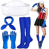 4 Pcs Halloween Sailor Costume Accessories for Adult Include White Navy Captain Hats Yacht Hat Retro Square Neck Scarf Blue Socks and Gloves for Women Men Halloween Party Cosplay