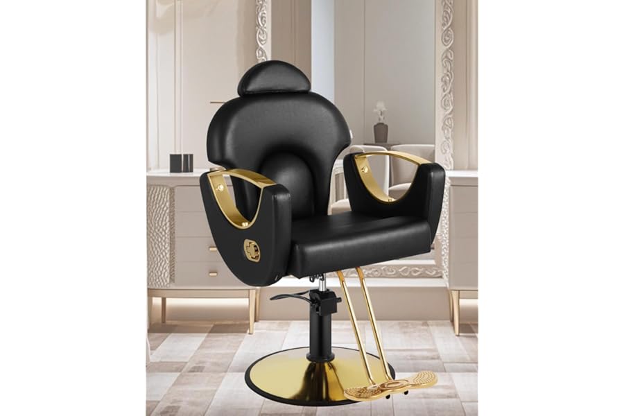 Black and Gold Salon Barber Chair, Reclining Salon chair for Hair Stylist for Home, Barber Chair with Hydraulic Pump, 360° Swivel, Beauty Hairdresser Chair Equipment for Spa, Tattoo, and Shampoo