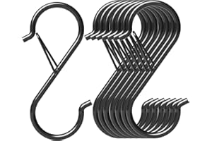 HEDGBOBO 8 Pack Heavy Duty Metal 3.5" S Hooks with Safety Buckle, for Hanging Plants, Closet Hooks, Clothes, Kitchen Utensil, Pots and Pans, Bags (Black)