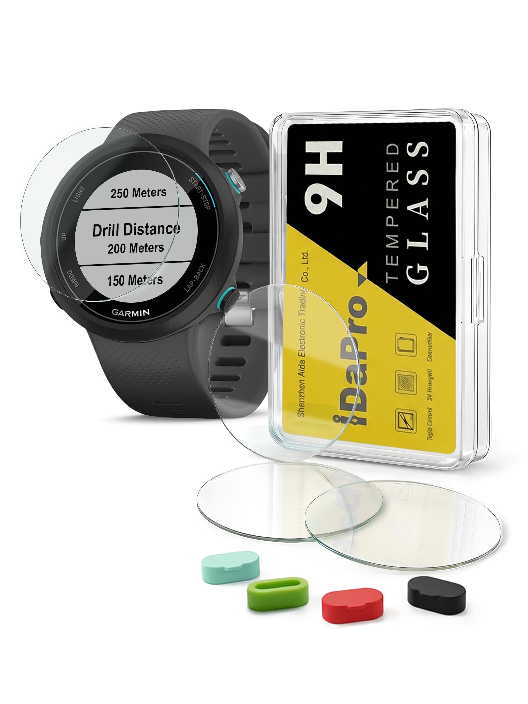 iDaPro [4 Pack] Screen Protector for Garmin Swim 2 GPS Swimming Smartwatch + Silicone Anti-dust Plugs, Tempered Glass Anti-Scratch Bubble-Free Easy Installation