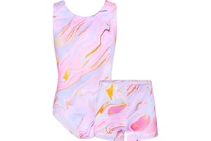 TENVDA Gymnastics Leotards for Girls Sleeveless Kids Dance Tumbling Outfit Matching Shorts Set Age 4-12 Years