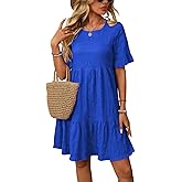 CASURESS Womens Summer Dress Ruffle Sleeve Smocked Crew Neck Midi Dresses Casual Flowy Tiered Swing Boho Beach Sundress