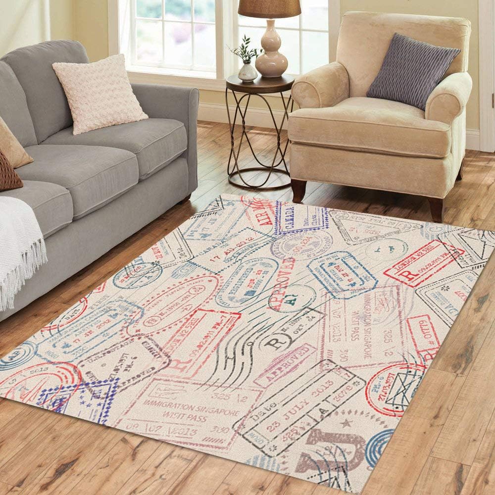 Pinbeam Area Rug Blue Travel Tiling Postage Pattern Vintage Stamps Pink Home Decor Floor Rug 2' x 3' Carpet