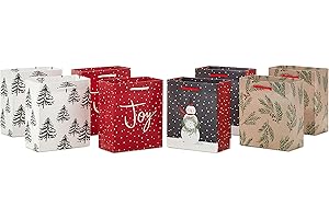Hallmark 6" Small Holiday Gift Bags (8 Bags: Winter Foliage, Rustic Snowman, "Joy" on Red, Black and White Trees) for Gift Cards, Winter Wedding Party Favors, Teacher Presents