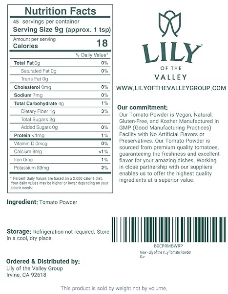 LILY OF THE VALLEY TOMATO POWDER – SOLANUM LYCOPERSICUM – IDEAL FOR COOKING – VEGAN & GLUTEN-FREE – PACKED IN RESEALABLE POUCH (16OZ, 453G)- PACKAGE MAY VARY