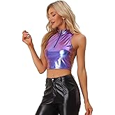 Allegra K Metallic Crop Tops for Women's Mock Neck Zip Up Sleeveless Shiny Holographic Tank Top