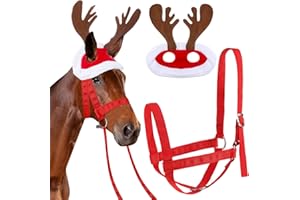 Dansydaisy 2 Pcs Christmas Horse Accessory Set Xmas Horse Antlers Hat Reindeer Halter Red and Green for Holiday Party Costume