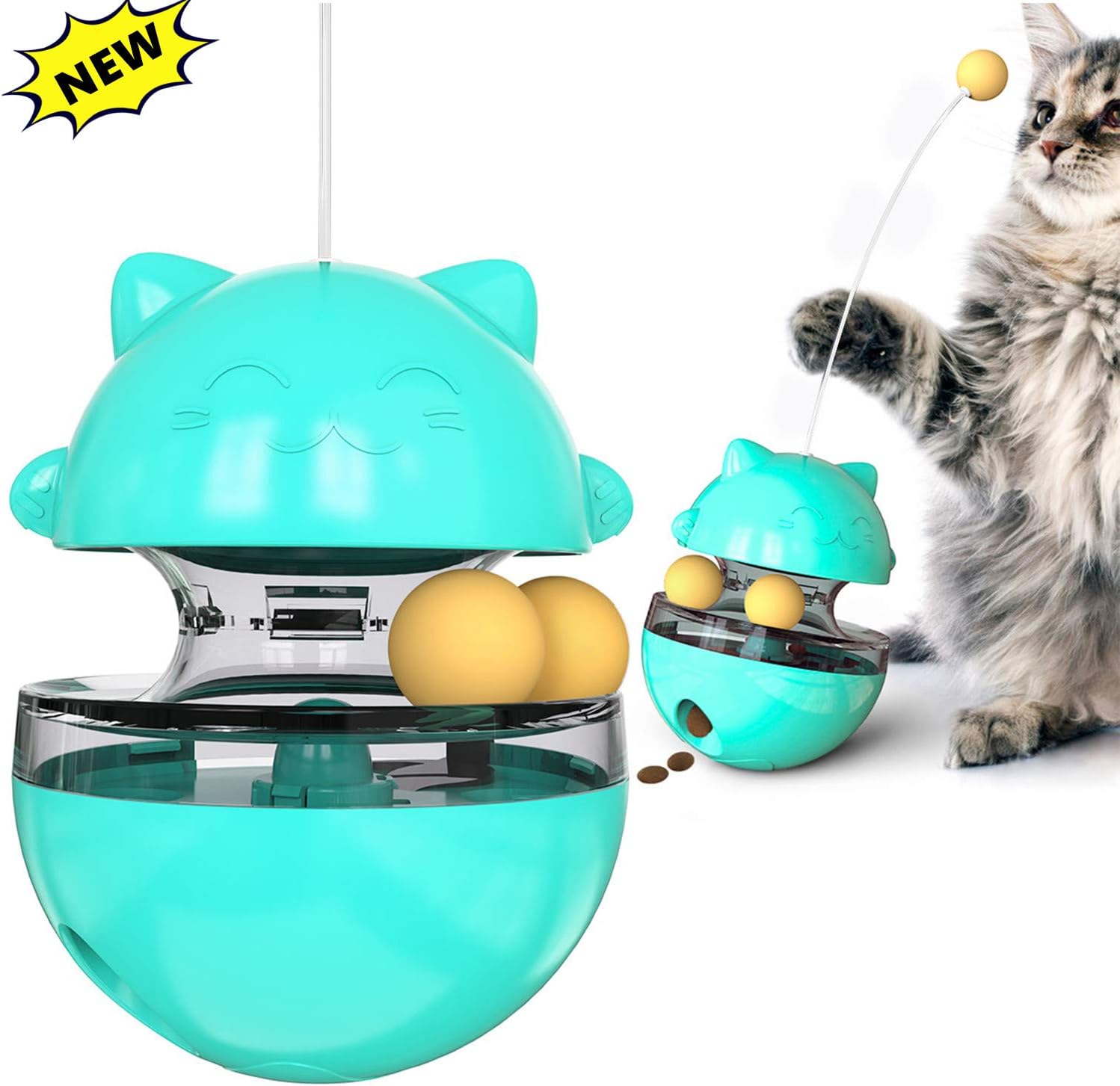 PETTOM Cat Slow Feeder Toy, Cat Treat Dispenser Toy Interactive for Indoor Cats, Cat Puzzle Feeder Kittens Toys Tumbler Ball with Funny Cat Stick for Chasing, Blue Color