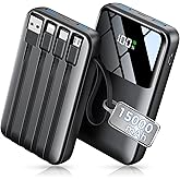 HELLEE 15000mAh Portable Charger Power Bank, 45% Smaller Built-in 4 Cables | 50% More Capacity, Slim Travel Essential Battery Pack, 30-Min 22.5W Fast Charge to 50% for iPhone/Samsung, Black