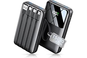 移动电源,15000mAh 便携式充电器,内置电缆,22.5W 快速充电,6 个输出,超薄旅行必备电池组,带 LED 显示屏,兼容 iPhone 17/16/15/14/13,iPad 黑色
