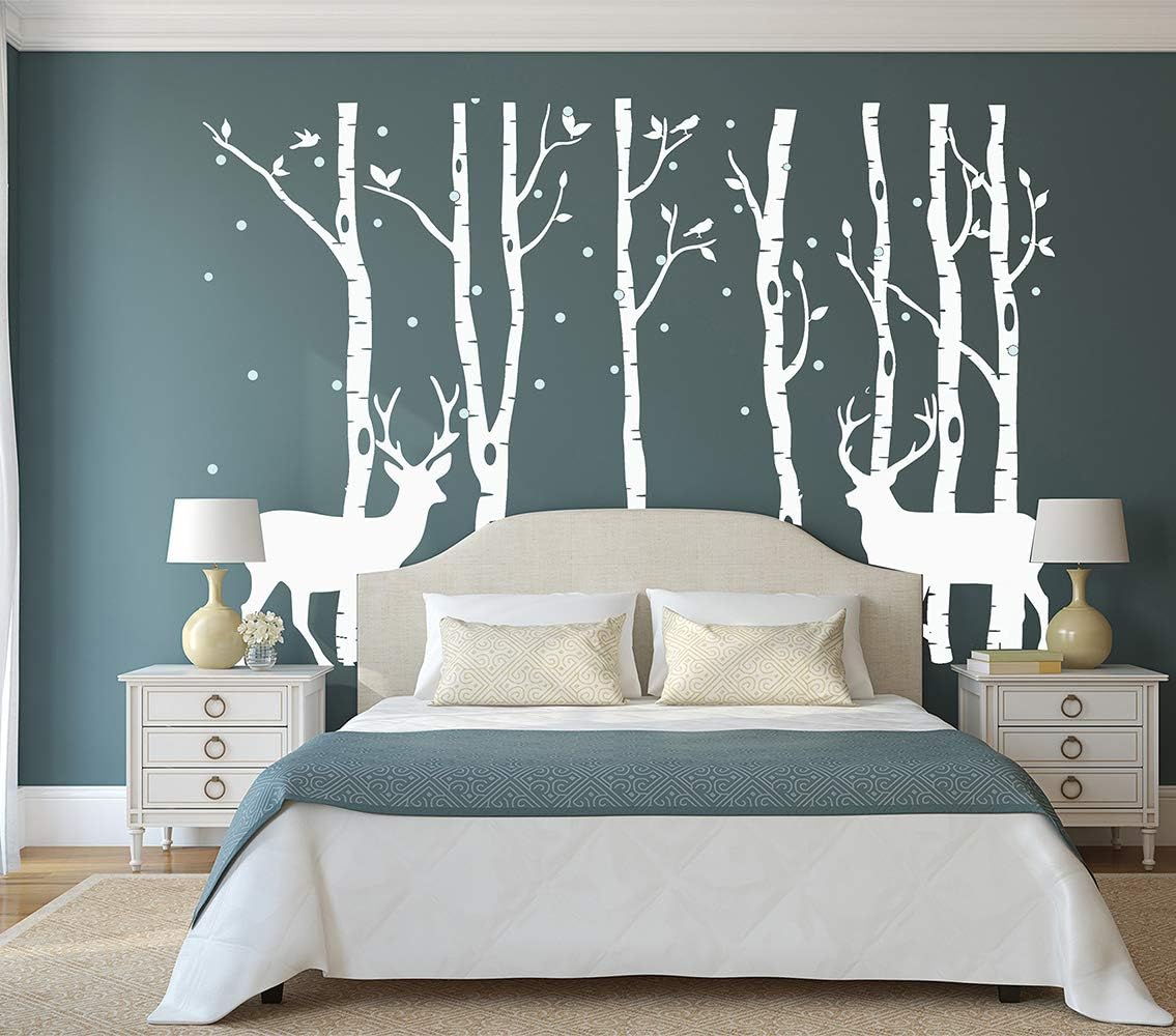 DAEGOD Birch Tree Deer Wall Decal Forest Birch Trees Vinyl Sticker Wall Decal Wall Stickers Kids Bedroom Decor Nursery Bedroom (White+White)