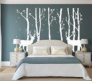 DAEGOD Birch Tree Deer Wall Decal Forest Birch Trees Vinyl Sticker Wall Decal Wall Stickers Kids Bedroom Decor Nursery Bedroom (White+White)