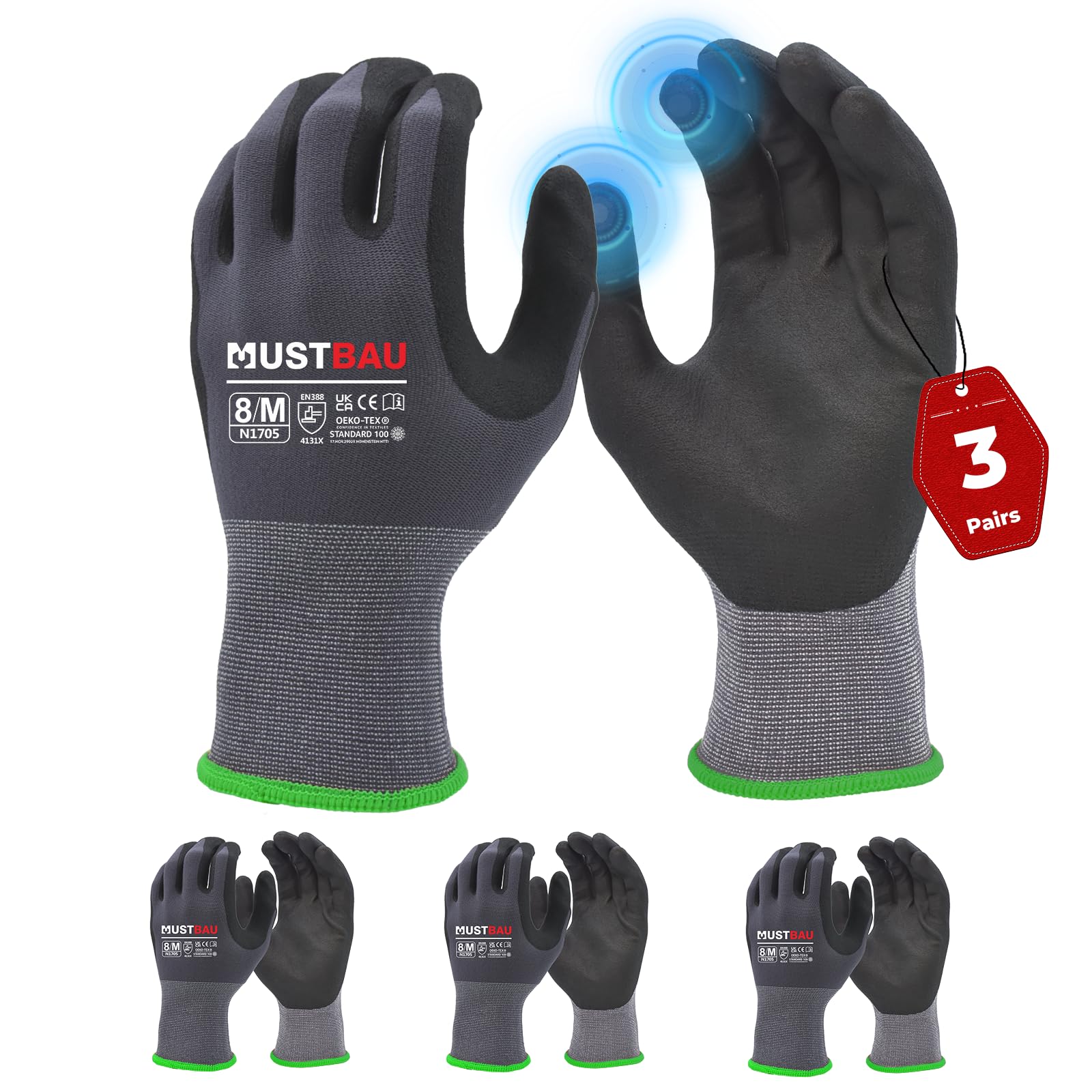 Mustbau 3 Pairs Safety Work Gloves,Non-Slip Gardening Gloves, Abrasion Resistant Nylon Working Gloves,Good Grip on Palm and Fingers,Ideal for Men Women General Duty Work-M