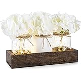 Mkono Mason Jar Table Centerpiece for Dining Room Farmhouse Lighted Dining Coffee Table Decor Wood Tray with 3 Mason Jars Tab