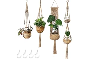 Mkono Macrame Plant Hangers Set of 4 Indoor Hanging Planter Basket Wall Decorative Flower Pot Holder with 4 Hooks for Indoor Outdoor Home Decor Gift Box, Brown