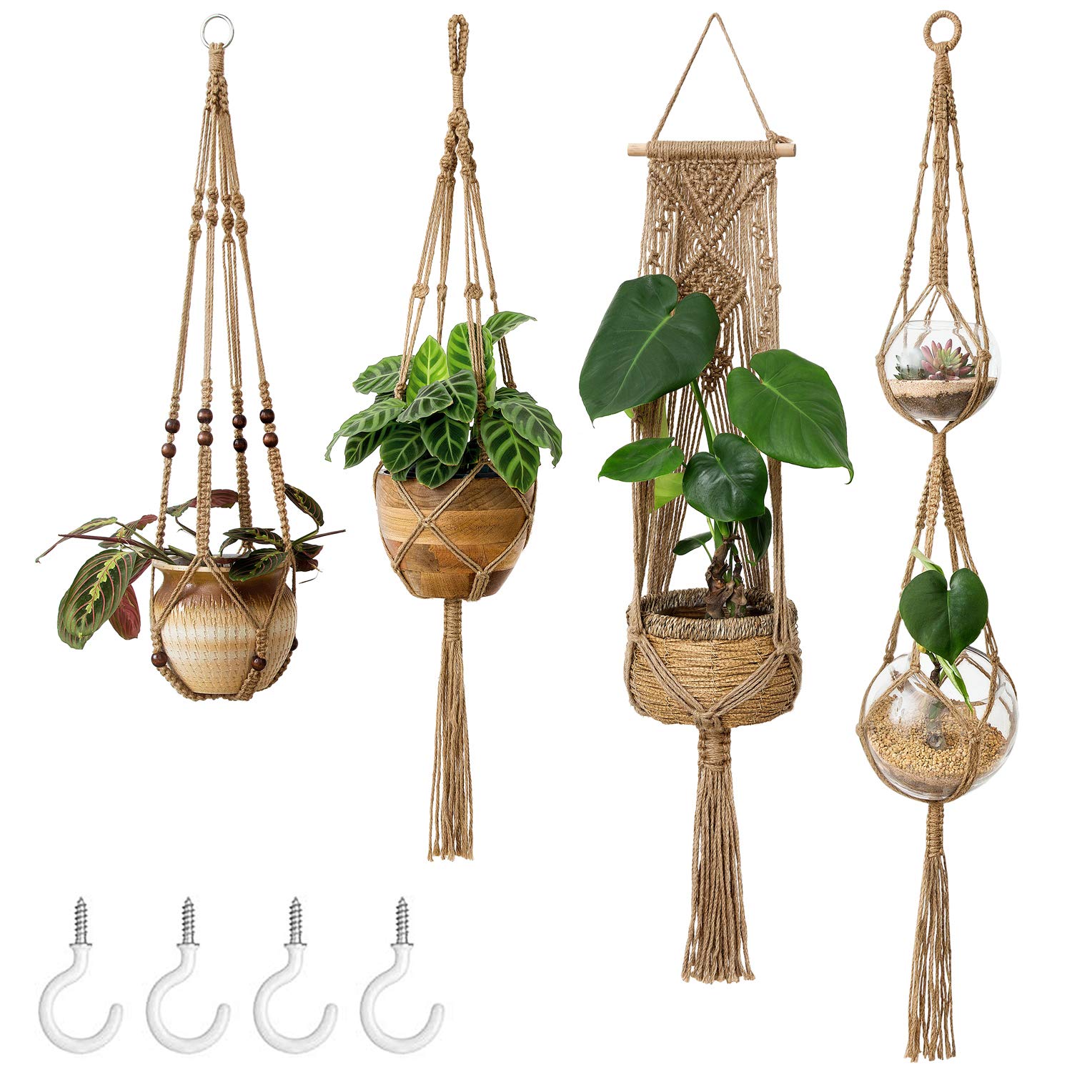 Photo 1 of Mkono Macrame Plant Hangers Set of 4 Indoor Hanging Planter Basket Wall Decorative Flower Pot Holder with 4 Hooks for Indoor Outdoor Home Decor Gift Box, Brown