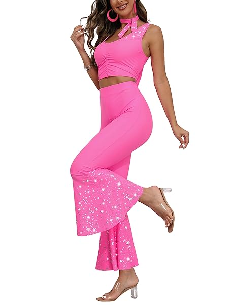 DANGCOS 70S 80S PINK OUTFIT FOR WOMEN CLOTHES HIPPIE DISCO COSTUME PINK FLARE PANT HALLOWEEN COSPLAY (PINK, XS)