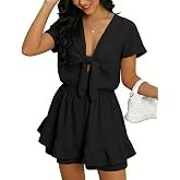 Angashion Womens Summer Shorts Romper: Sexy V-Neck Self Tie Double Layer Ruffle Hem Romper Dress with Pockets